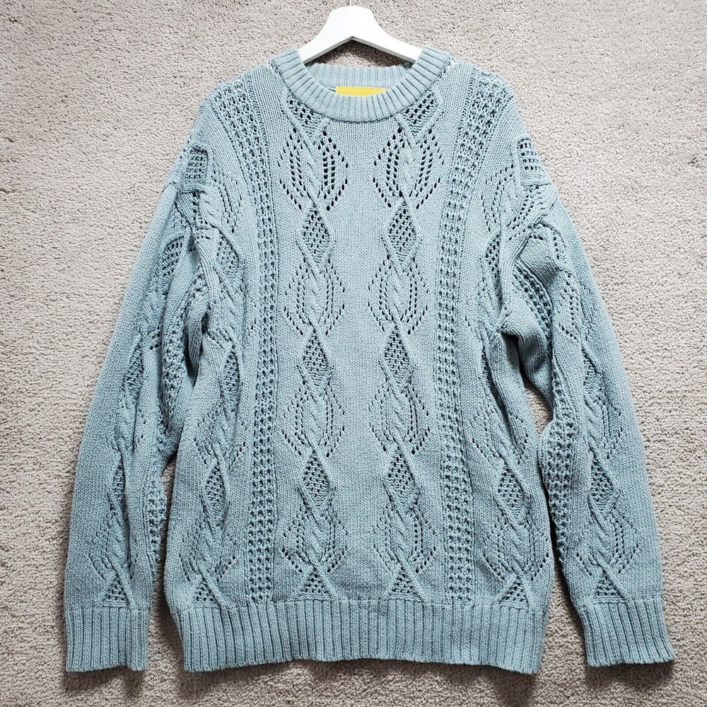 MAINBOOTH Punching Sweater Men Large Chunky Blue Knit Cotton Crew Neck Fisherman